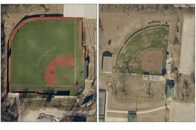 Parents at Fayetteville High School complained in a federal lawsuit that the girls&rsquo; softball field, right, isn&rsquo;t equivalent to the boys&rsquo; baseball field, left. The facilities are just one area where female athletes aren&rsquo;t treated the same as their male counterparts, according to the complaint.
