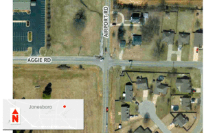 The current configuration of the intersection of Aggie and Airport roads is shown first in the above animation, followed by a rendering of what the intersection will look like once a roundabout is constructed.