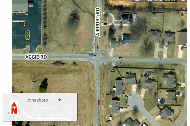 The current configuration of the intersection of Aggie and Airport roads is shown first in the above animation, followed by a rendering of what the intersection will look like once a roundabout is constructed.