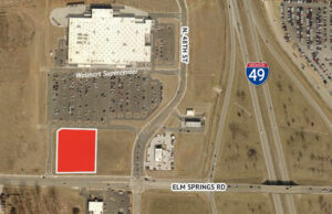 Jason Pullman's 1.9-acre lot (shaded in red) located in front of the Walmart Supercenter at Hall Crossing in Springdale.