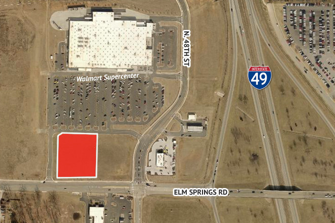 Jason Pullman's 1.9-acre lot (shaded in red) located in front of the Walmart Supercenter at Hall Crossing in Springdale.