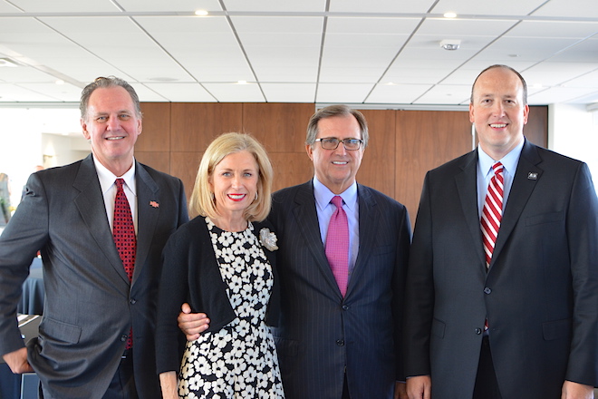From left to right: Arkansas State University Chancellor Tim Hudson, Chucki Bradbury, Curt Bradbury and ASU System President Chuck Welch.