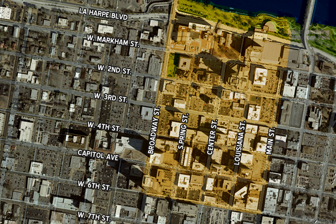 An aerial view of the area being branded as the Financial Quarter.&nbsp;