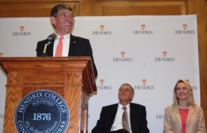 Hendrix College President Bill Tsutsui announces a record donation to the college &mdash; $26 million from the estate of Mary Ann Dawkins of Little Rock, who died in December. He is accompanied on stage by David Knight, Chair of the Hendirx College Board of Trustees, and student Mimi Spjut, president of the Hendrix College Student Senate.