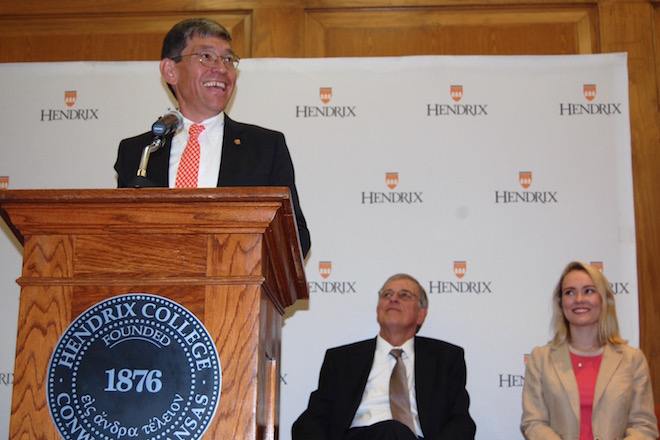 Hendrix College President Bill Tsutsui announces a record donation to the college &mdash; $26 million from the estate of Mary Ann Dawkins of Little Rock, who died in December. He is accompanied on stage by David Knight, Chair of the Hendirx College Board of Trustees, and student Mimi Spjut, president of the Hendrix College Student Senate.