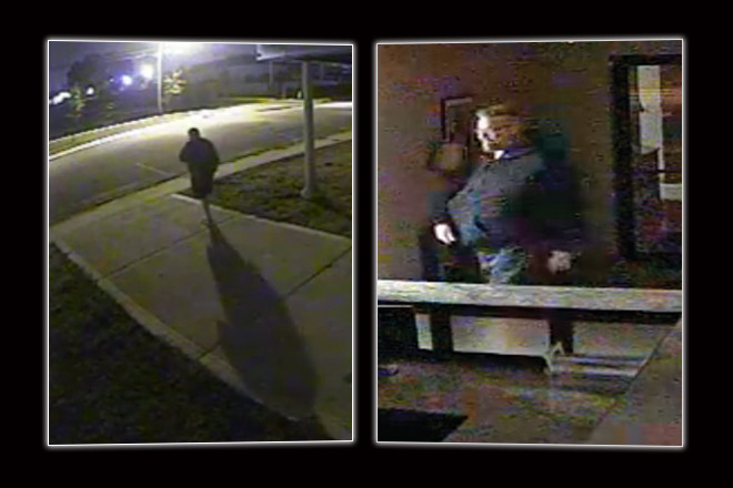 John Rogers outside his former business in North Little Rock (left) and leaving with three backup hard drives of images under his jacket after making a late night, “unlawful” visit on Aug. 22, 2015.