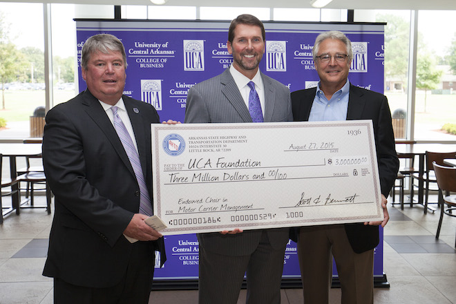 Tom Courtway, president of the University of Central Arkansas, Scott Bennett, AHTD director and Steve Williams, chairman and CEO of Maverick USA, Inc.&nbsp;