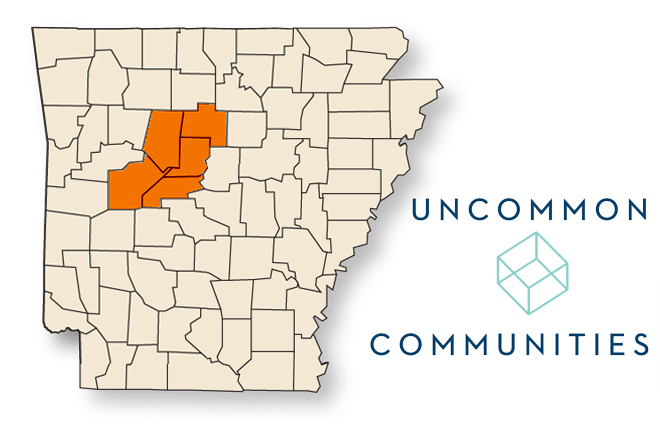 The Uncommon Communities program will take place in five Arkansas counties: (clockwise from top left) Pope, Van Buren, Conway, Perry, and Yell.