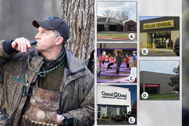 Since auctioning off family land in February, George Dunklin Jr. has invested in numerous commercial real estate properties including A. Creekside Center for Women in Johnson, B.) several Dollar General stores including the Vilonia location shown above, C.) Altitude Trampoline Park in Little Rock, D.) a North Little Rock warehouse, and E.) the Central Dental office in Little Rock.