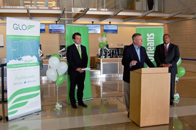 From left:&nbsp;Trey Fayard, founder and CEO of Glo of New Orleans; Jay Chesshir, CEO of the Little Rock Regional Chamber of Commerce; and Ron Mathieu, executive director of Clinton National Airport in Little Rock.