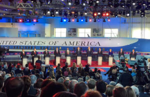 Eleven Republican presidential candidates participate in a debate Wednesday in front of a former Air Force One at the Ronald Reagan Presidential Library in Simi Valley, California.