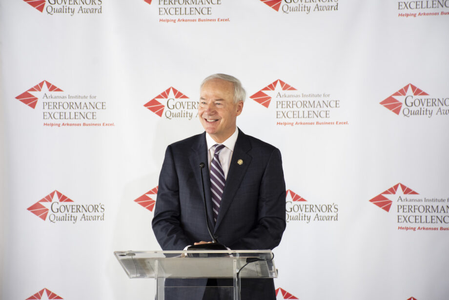 Gov. Asa Hutchinson speaks at the 2020 Governor's Quality Awards luncheon.