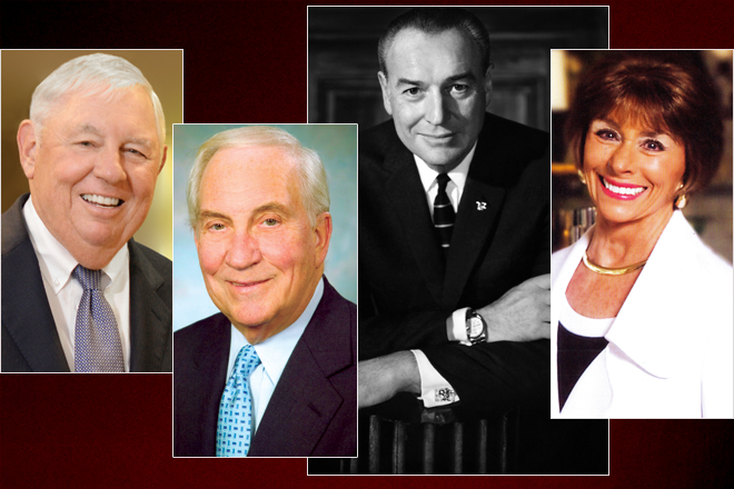 The 2016 inductees of the University of Arkansas Business Hall of Fame, from left: William T. Dillard II, Dr. George K. Mitchell, Gov. Winthrop Rockefeller (1912&ndash;1973) and Patricia P. Upton.