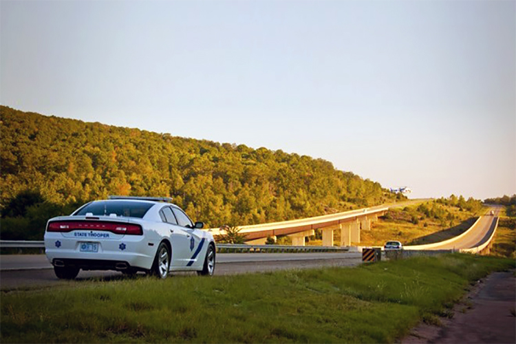 An Arkansas State Trooper patrols Interstate 49.