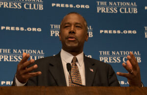 Ben Carson, a retired neurosurgeon, author and Republican presidential contender, speaks to a National Press Club luncheon on Oct. 9.
