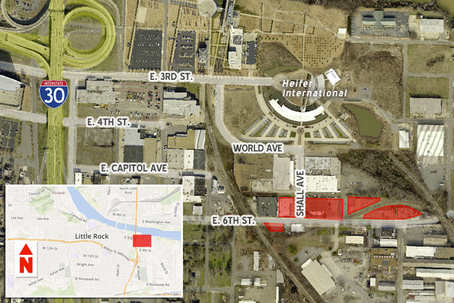 Tracts of land purchased by 6th & Shall LLC for $1.4 million on Oct. 15 are shaded in red on the map above.