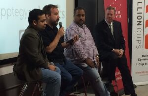Three of the startups to "graduate" from the tech park's space at 107 East Markham shared their stories of growth at a recent Venture Center event: (from left) Unni Peroth of Bfonics, Sean Townsend of Elyxor and Jeston George of Apptegy joined Little Rock Chamber President Jay Chesshir.&nbsp;