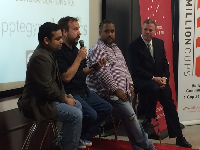Three of the startups to "graduate" from the tech park's space at 107 East Markham shared their stories of growth at a recent Venture Center event: (from left) Unni Peroth of Bfonics, Sean Townsend of Elyxor and Jeston George of Apptegy joined Little Rock Chamber President Jay Chesshir.&nbsp;