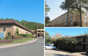 Clockwise from left: Brookside Health & Rehab in Little Rock; a hotel property in North Little Rock; and Park Hill Apartments, also in North Little Rock.