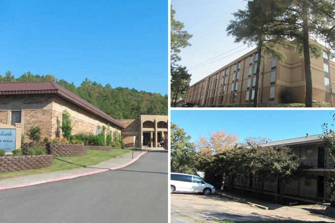 Clockwise from left: Brookside Health & Rehab in Little Rock; a hotel property in North Little Rock; and Park Hill Apartments, also in North Little Rock.