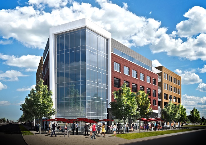 The latest rendering of the planned 8W Center at 8th and Walton in Bentonville. The six-story building is expected to be completed by summer/fall of 2016.