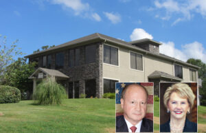 One Bank CEO Jerry Pavlas (inset left) says the Parker Building in Maumelle is a company asset. BHL Financing, led by Johnelle Hunt, has filed a lien claim on the property.