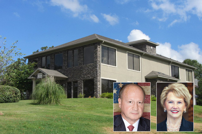 One Bank CEO Jerry Pavlas (inset left) says the Parker Building in Maumelle is a company asset. BHL Financing, led by Johnelle Hunt, has filed a lien claim on the property.