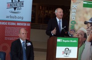 Baptist Health CEO Troy Wells (left) and Gov. Asa Hutchinson helped preside over the announcement of the HubX Life Sciences accelerator.&nbsp;