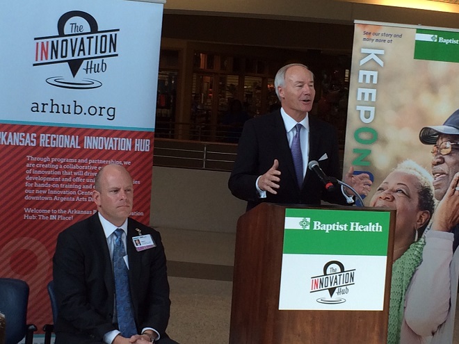 Baptist Health CEO Troy Wells (left) and Gov. Asa Hutchinson helped preside over the announcement of the HubX Life Sciences accelerator.&nbsp;