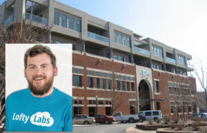 Casey Kinsey and the new digs for his startup, Lofty Labs, at 1 E. Center St. in Fayetteville.