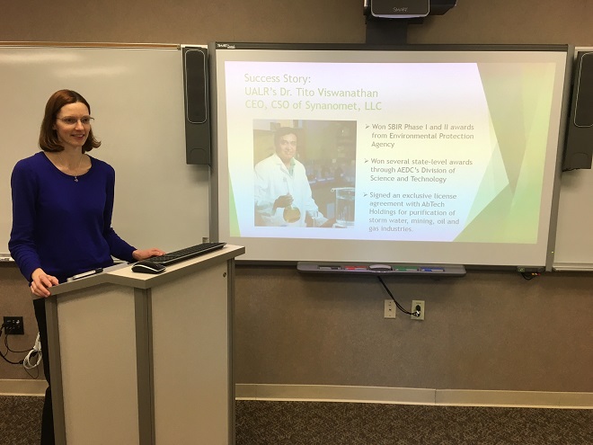 ASBTDC's Rebecca Norman leads a session on commercialization as part of Global Entrepreneurship Week on the UALR campus.