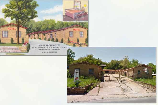 A scene from the Twin Arch Motel's postcard past contrasts how the property appeared on Google Street View in 2013.