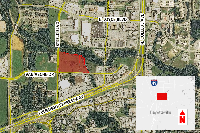 A new apartment complex is planned for the 17.7 acres shaded in red above in Fayetteville.