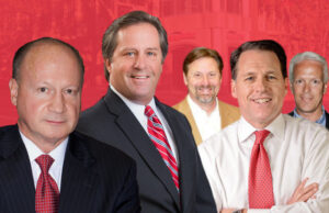 Former and current One Bank & Trust executives, from left: Jerry Pavlas, Jim Schnoes, Brad Paul, Michael Heald and Gary Rickenbach.