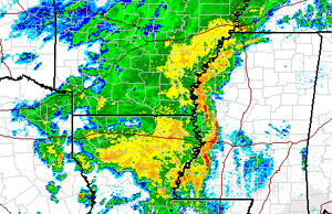 National Weather Service radar showed every county in Arkansas receiving precipitation as a line of storms moved through the state Thursday morning.