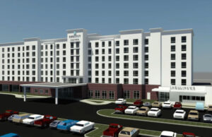 A rendering of the Embassy Suites Hotel and Houlihan's restaurant, which will be adjacent to Arkansas State University's Red Wolf Convention Center.