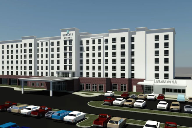 A rendering of the Embassy Suites Hotel and Houlihan's restaurant, which will be adjacent to Arkansas State University's Red Wolf Convention Center.