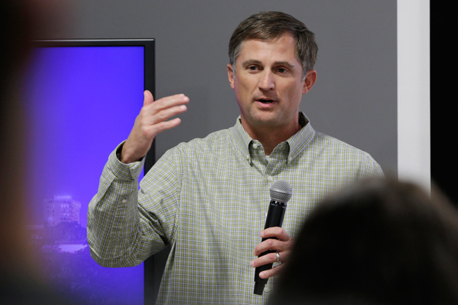 Brent Birch, executive director of the Little Rock Tech Park, speaks last October at the park's interim offices at 107 E. Markham St. in Little Rock.