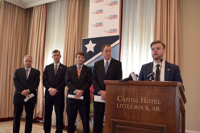 Engage Cuba President James Williams&nbsp;speaks as (from left)&nbsp;Juan Lamigueiro Leon, deputy chief of mission for the Cuban&nbsp;Embassy in the United States; Arkansas Secretary of Agriculture&nbsp;Wes Ward;&nbsp;Robert Moery, liaison to the governor and USA Rice Chairman&nbsp;Dow Brantley await their turn to at the podium during a press conference Monday morning.