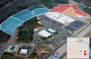 New investors joined the party at Little Rock’s Gateway Town Center in two transactions totaling $10.4 million. The deals involved 33.8 acres (shaded blue) and 20.9 acres (shaded red).