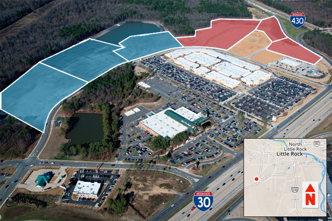 New investors joined the party at Little Rock’s Gateway Town Center in two transactions totaling $10.4 million. The deals involved 33.8 acres (shaded blue) and 20.9 acres (shaded red).