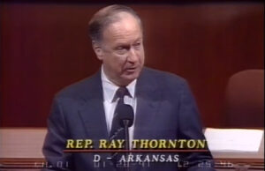 Rep. Ray Thornton (D-Ark.) addresses the House of Representatives on Jan. 28, 1991.