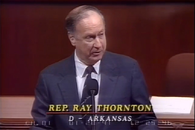 Rep. Ray Thornton (D-Ark.) addresses the House of Representatives on Jan. 28, 1991.