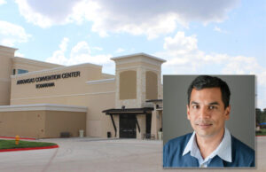 The Arkansas Convention Center in Texarkana, Arkansas, is owned by Hiren Patel (inset) and in Chapter 11 bankruptcy.