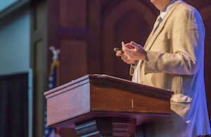 Chip Pollard announces the $3 million gift and upcoming dorm renovation to the student body at JBU.