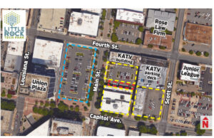 Three ownerships sold property for the Little Rock Technology Park outlined in yellow (Five Main), red (415 Main) and blue (DMT Ventures).
