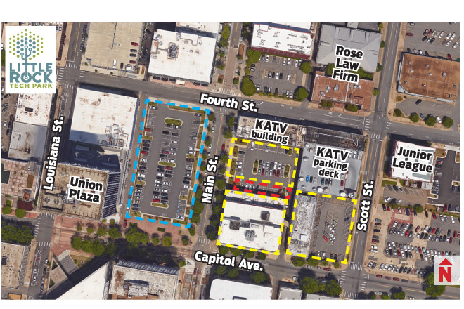 Three ownerships sold property for the Little Rock Technology Park outlined in yellow (Five Main), red (415 Main) and blue (DMT Ventures).