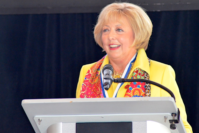 Millie Ward of Stone Ward speaks to the Rotary Club of Little Rock after receiving its 2016 Business and Professional Leader of the Year Award.