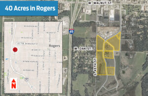 EF Capital AR LLC bought the 40 acres shaded in yellow above, just east of Interstate 49 in Rogers, for $6.7 million. (Boundaries approximate.)