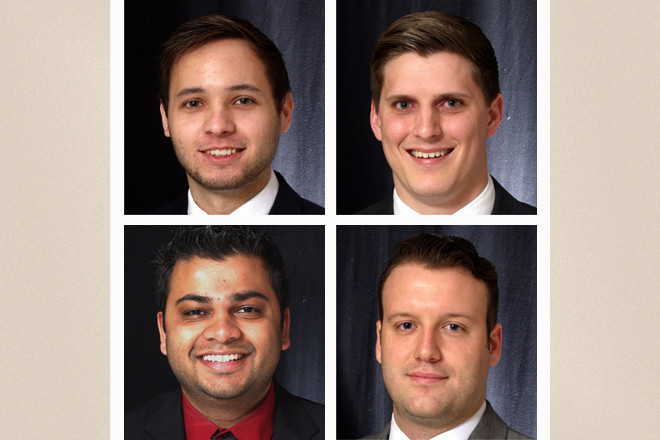 Clockwise from top left: Tanner McKnight, Seth Parsley, John David Sonnier, and Ashish Patel of the Arkansas State Bank Department